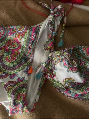 Women White Paisley two piece  Swimsuit with Bright Multicolor Accents